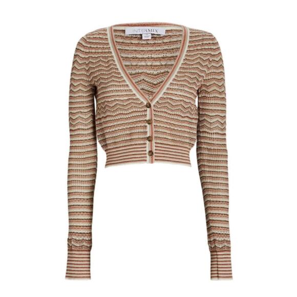 INTERMIX Y2K Brown Tan White Mona Knit Pointelle Cropped Cardigan Sweater - S - Picture 1 of 7
